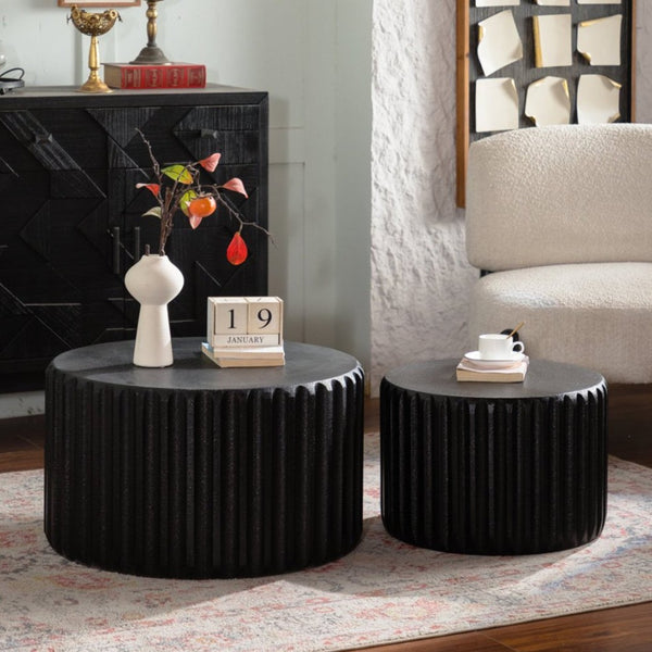 English Elm Black Scalloped Nesting Coffee Tables Matte Sculptural Oval Set for Modern Living Rooms Black W3081P389077
