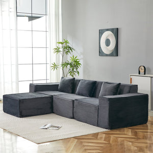 English Elm L-shaped Corduroy Sectional with Ottoman Three Seat Modular Sofa for Modern Living Dark Gray W2699S00080