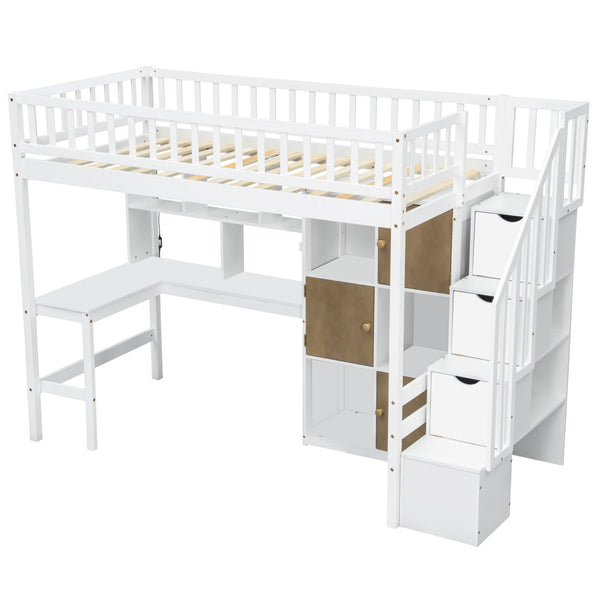 English Elm Wood Twin Loft Bed with Built-In L-Desk, LED Lighting, Staircase Storage, Shelves & Cabinets White N7090000470K