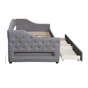 English Elm Upholstered Twin XL Daybed with LED Belt and Two Underbed Drawers, Linen Backrest, Modern Storage Elegance Gray DL002060AAE