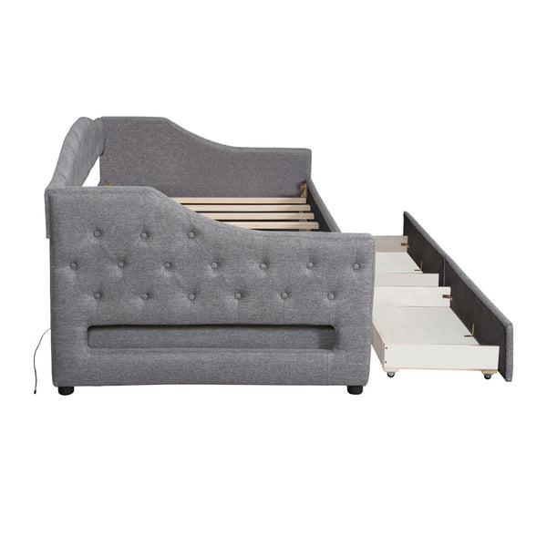 English Elm Upholstered Twin XL Daybed with LED Belt and Two Underbed Drawers, Linen Backrest, Modern Storage Elegance Gray DL002060AAE