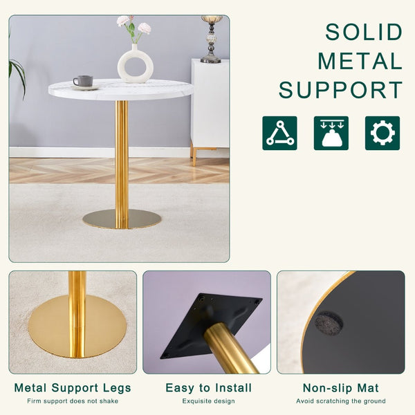 English Elm Table 5-Piece Set: Elegant White Marble Round Dining Table With Gold Legs & 4 Pu Upholstered Chairs W1151S02491-GIGA