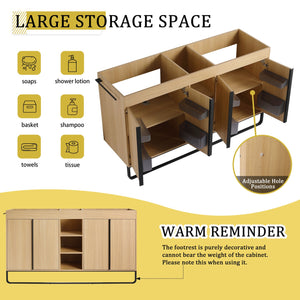 English Elm 60" Modern Freestanding Bathroom Vanity with 4 Soft-Close Doors, 3 Open Shelves, Towel Hanger, 8 Boxes W999P376886