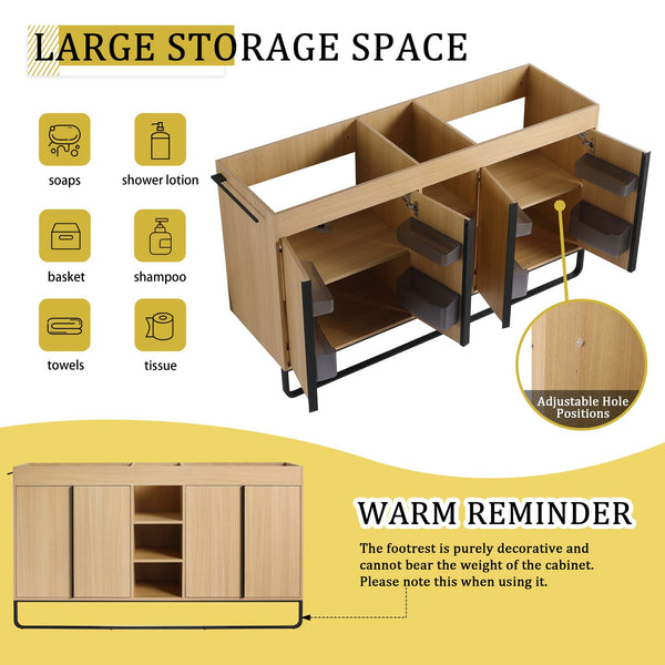 English Elm 60" Modern Freestanding Bathroom Vanity with 4 Soft-Close Doors, 3 Open Shelves, Towel Hanger, 8 Boxes W999P376886