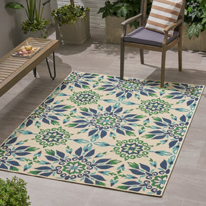 Christopher Knight Home® - Noble House - Gladis Outdoor 5'3" X 7' Medallion Area Rug, Ivory and Blue