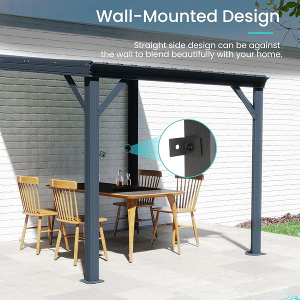English Elm 10x12ft Lean to Hardtop Gazebo Wall Mounted Steel Roof Shelter for Deck Patio Gray W1859S00193