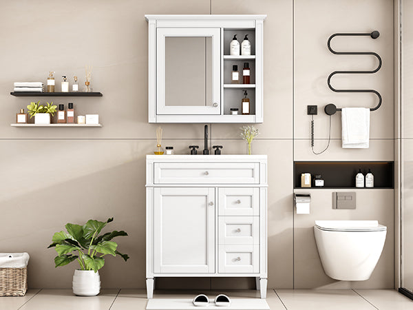 English Elm 30'' Bathroom Vanity Set With Sink, Modern Storage Cabinet, Mirror & 3 Drawers For Efficient Organization SW000127AAK-3