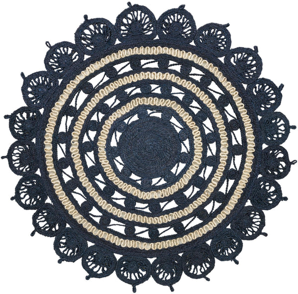 Unique Loom Braided Jute Punita Hand Braided Novelty Rug Navy Blue and White,  5' 1" x 5' 1"