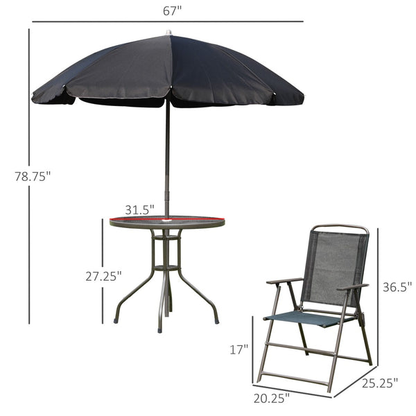English Elm Outsunny 6-Piece Patio Dining Set For 4 With Umbrella, Black Glass Table & Folding Chairs, Perfect Outdoors W2225P200910-GIGA