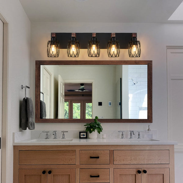English Elm 31" Industrial Vintage 5-Light Wall Sconce Black Cage with Walnut Wood Accents for Bathroom Hallway W2312P374839