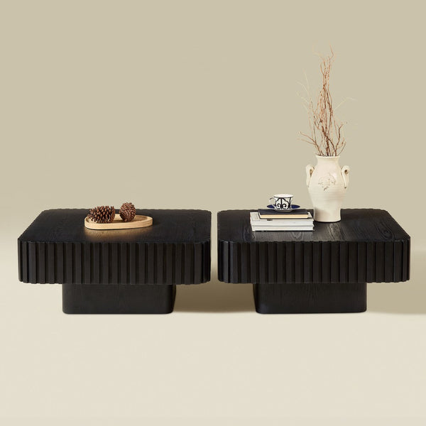 English Elm 2-piece Nesting Round Coffee Table Set Wood Veneer Sculptural Living Room Accent Black W2582S00181