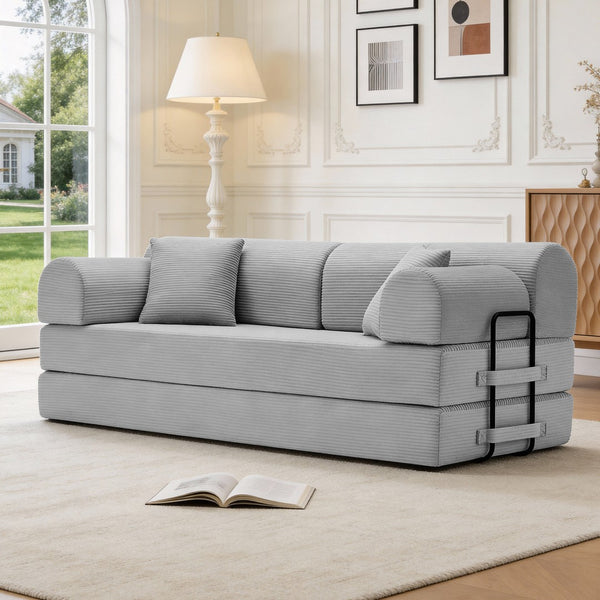 English Elm Convertible Corduroy Floor Sofa Folds Flat as Sleeper Daybed for Studio Living Light Grey W5532P438816