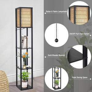 English Elm Floor Lamp with Shelves Brown+Black — Boho Rattan & Fabric Dual Shades, 3 Wooden Shelves, LED Included W2738P400709