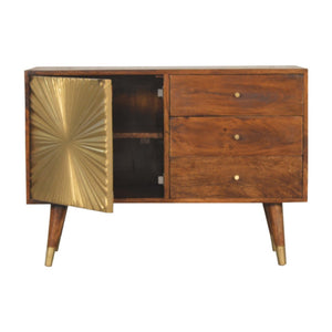 English Elm Solid Mango Wood Sideboard with Brass Accents Three Drawers Chestnut Hallway Storage B182P280784