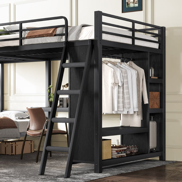 English Elm L-shaped Triple Bunk Bed with Desk Wardrobe Metal Frame for Teen Shared Rooms W5305S00003
