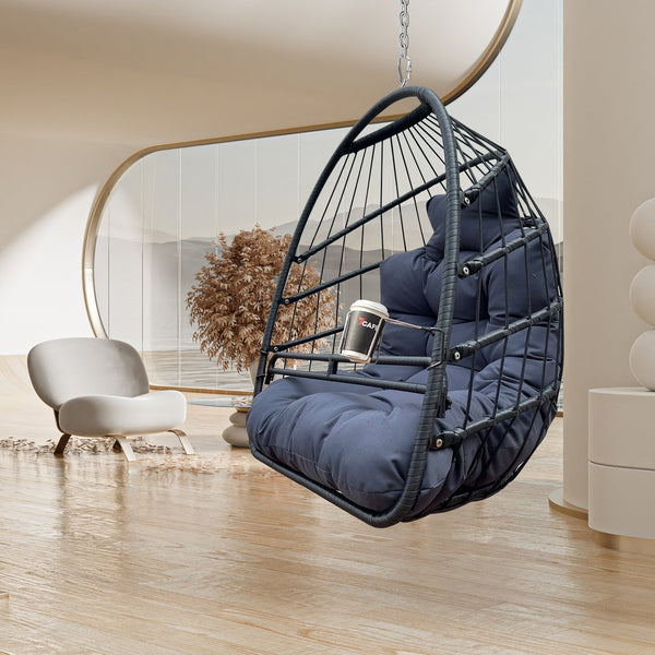 English Elm Swing Hammock Egg Chair with Wood-Grain Alloy Frame, UV-Resistant Rattan, Foldable 350lb Capacity Black W2707P184373