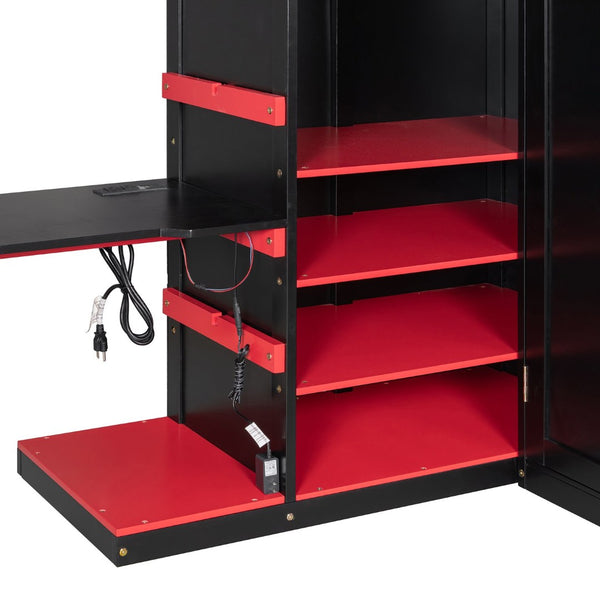 English Elm Full Size Loft Bed with Rgb Lighting Usb Charging Desk Wardrobe and Storage Shelves Red LT000387AAJ