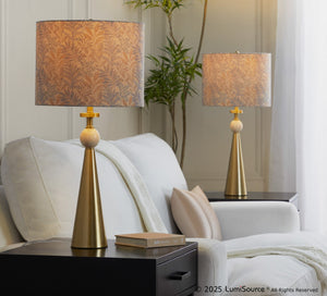 English Elm Table Lamp Set of Two Gold Metal Travertine Base with Leaf Fabric Shade Glam Decor B202P471581