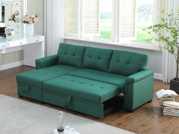 English Elm Jardin Reversible L-shaped Sectional Sleeper Sofa with Chaise Storage and Tufted Fabric Green B2749S00008