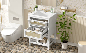 English Elm 24" Rattan Front Bathroom Vanity with Ceramic Sink Deep Drawer Storage Mdf Cabinet White N710P293990K