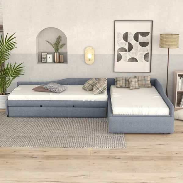 English Elm Upholstered Twin Daybed with Pull Out Trundle Linen Blend Sofa Style Studio Bed Gray GX001316AAE
