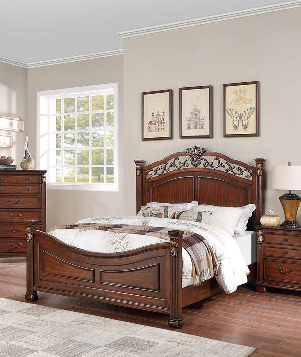 English Elm Formal Traditional California King Bed - Dark Cherry Finish With Tufted Faux Leather Headboard B011S00957