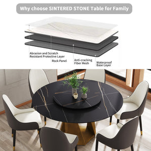 English Elm 59.05" Round Marble Dining Table With Bronze Iron Base & 31.5" Turntable For 6-8 People, Black Elegance W1535S00414