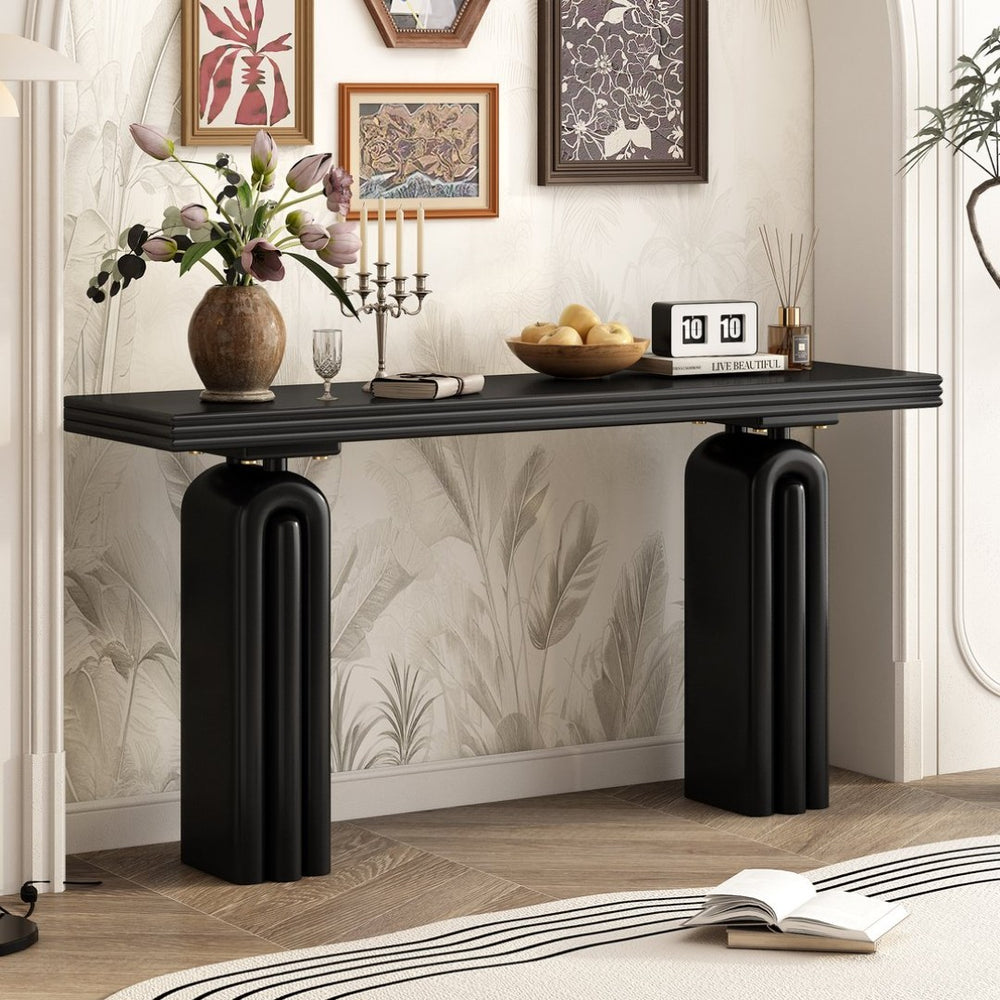English Elm U_style Acacia Veneer Console Table Curved Silhouette for Entryway Hallway Foyer Black N711P235894B