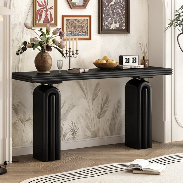 English Elm U_style Acacia Veneer Console Table Curved Silhouette for Entryway Hallway Foyer Black N711P235894B