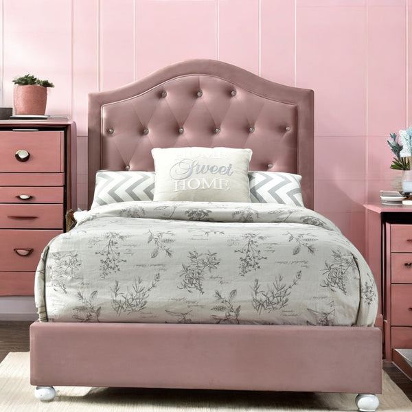English Elm Reggie Pink Upholstered Twin Bed with Button Tufting, 13-Slat Support, 9" Clearance, 330lb Limit B2726S00286