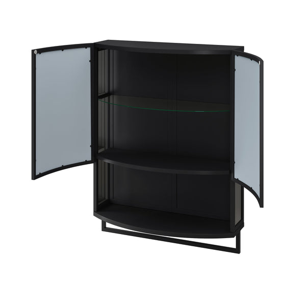 English Elm 23.62"Modern Arched Glass Cabinet with Shatterproof Mirror, Double-Layer Storage, Towel Rack, Black W757P314594