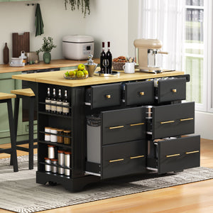 English Elm K&K Rustic Kitchen Island Cart with 6 Drawers, Pull-Out Trash Cabinet, Drop Leaf & Built-In Charging Station Black N707P307292B