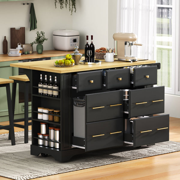 English Elm K&K Rustic Kitchen Island Cart with 6 Drawers, Pull-Out Trash Cabinet, Drop Leaf & Built-In Charging Station Black N707P307292B