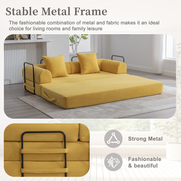English Elm UNITED modular foldable sofa with metal frame, corduroy upholstery, side pocket & quick assembly convenience Mustard yellow W1568P375635