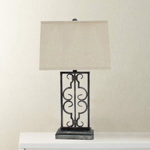 HomeRoots 29" Distressed Gray Metal Bedside Lamp with Beige Shade – Modern Elegance for Any Room Decor 277065