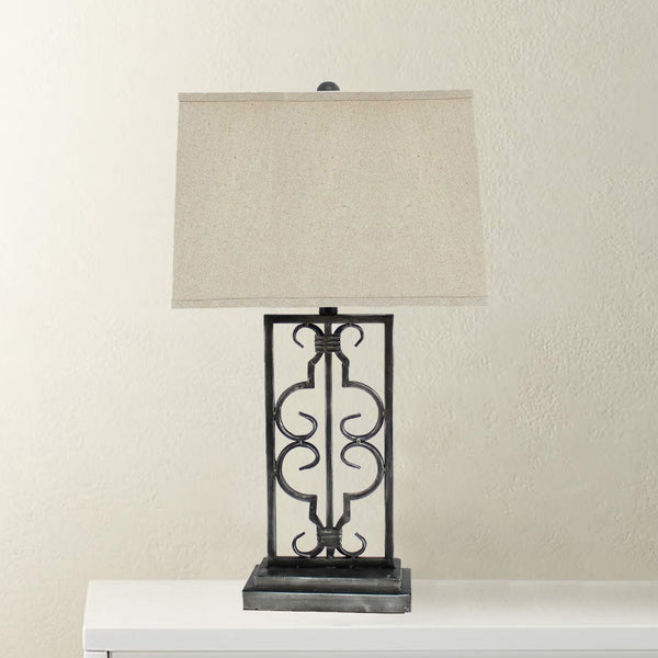 HomeRoots 29" Distressed Gray Metal Bedside Lamp with Beige Shade – Modern Elegance for Any Room Decor 277065
