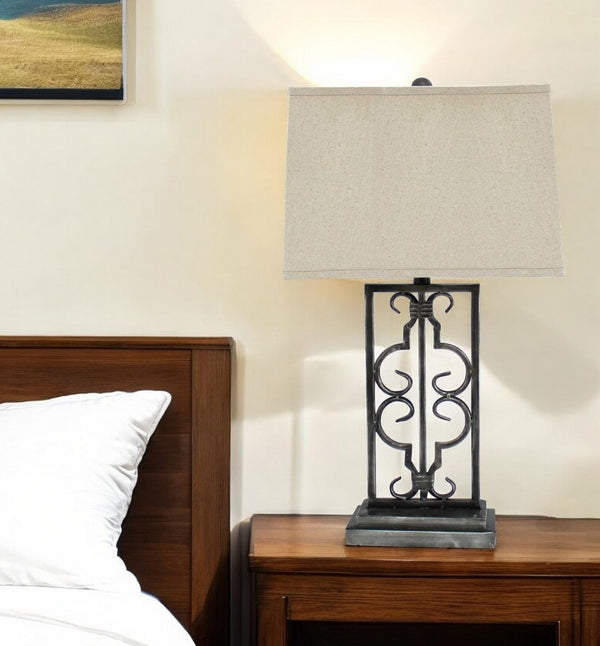 HomeRoots 29" Distressed Gray Metal Bedside Lamp with Beige Shade – Modern Elegance for Any Room Decor 277065