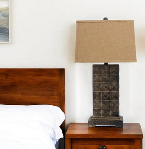 HomeRoots 30" Distressed Bronze Metal Bedside Lamp with Khaki Shade – Timeless Elegance for Cozy Ambiance 277066