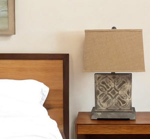 HomeRoots 25" Distressed Brown Metal Bedside Lamp with Rectangular Khaki Shade for Cozy Ambiance & Style 277069