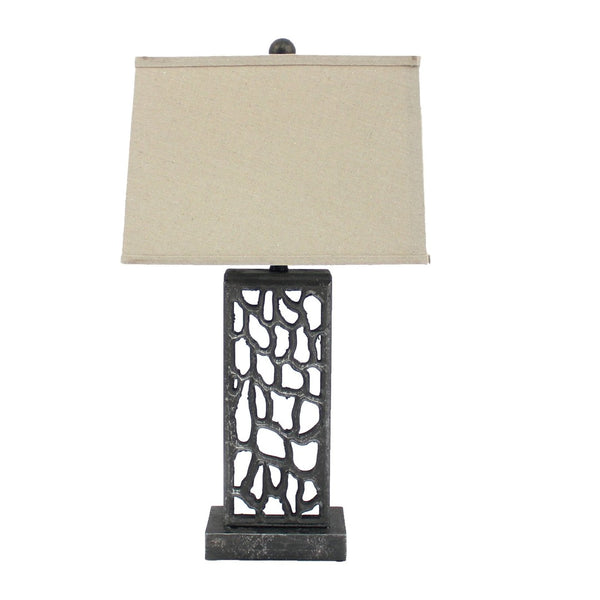 HomeRoots 29" Distressed Black Metal Bedside Lamp with Beige Shade – Warm Light for Classic Bedroom Decor 277073