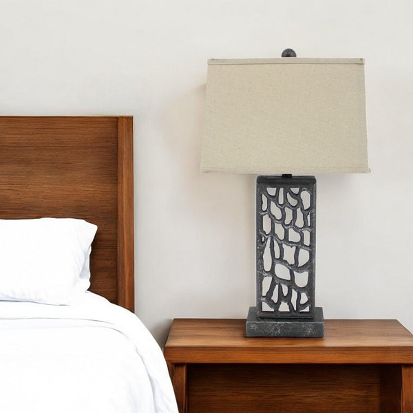 HomeRoots 29" Distressed Black Metal Bedside Lamp with Beige Shade – Warm Light for Classic Bedroom Decor 277073