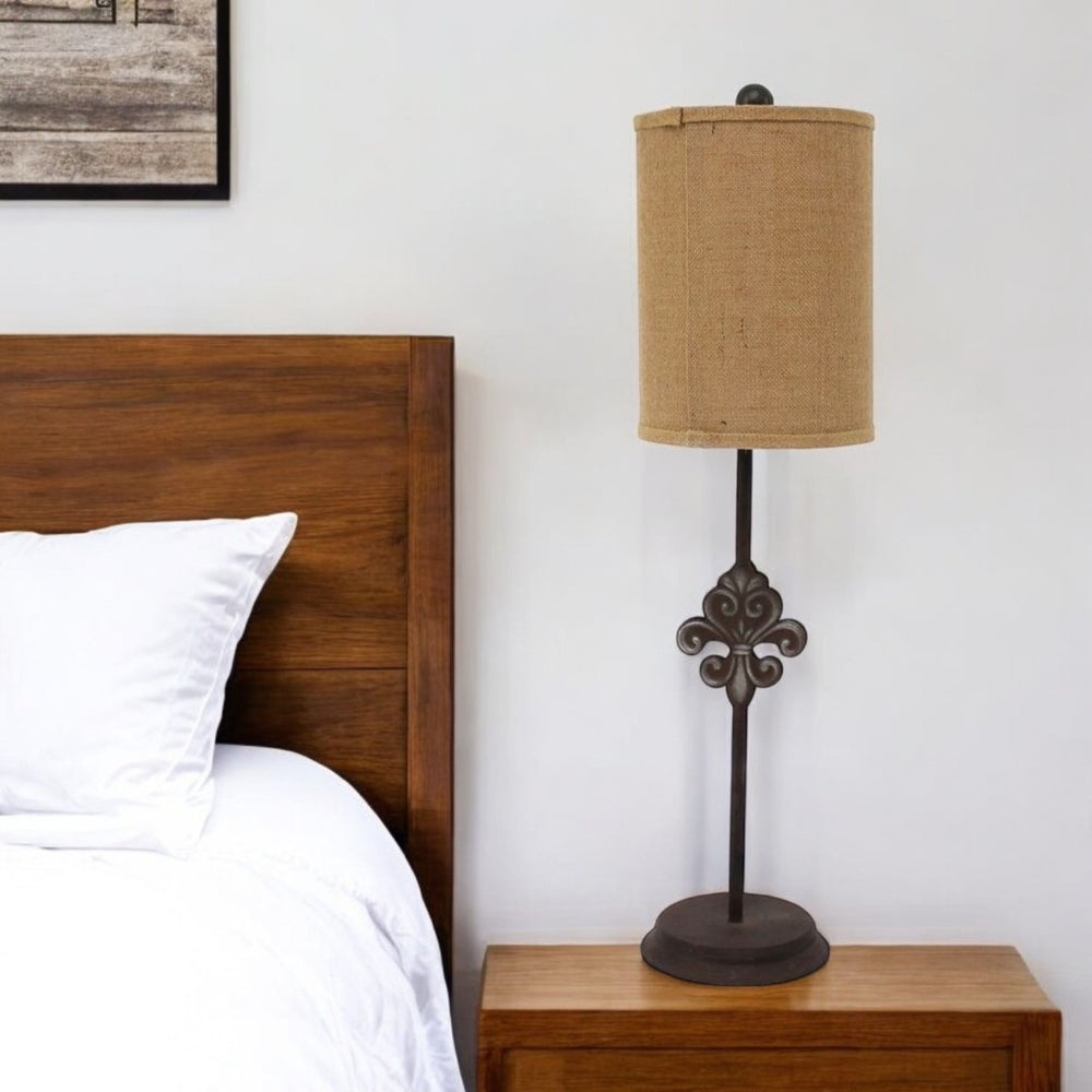 HomeRoots 31" Elegant Black Fleur de Lis Metal Table Lamp with Natural Burlap Shade for Timeless Decor Style 277075