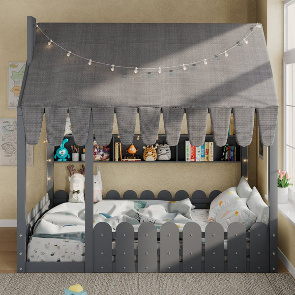English Elm {slats Are Not Included} Twin Montessori House Floor Bed Kids Tent Lights Shelves Pinewood Frame Gray N708P407963E
