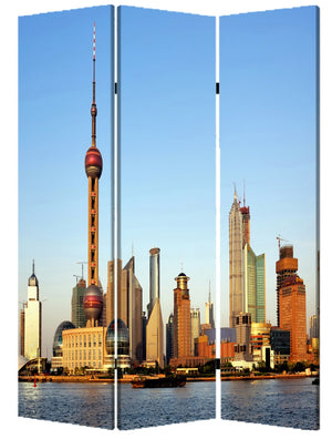 HomeRoots 72" Blue Reversible Canvas Room Divider - Elegant Three-Panel China Cityscape Design for Any Space 277080