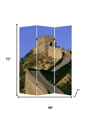 HomeRoots 72" Blue Reversible Canvas Room Divider - Elegant Three-Panel China Cityscape Design for Any Space 277080