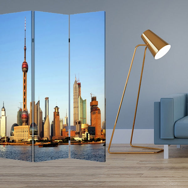HomeRoots 72" Blue Reversible Canvas Room Divider - Elegant Three-Panel China Cityscape Design for Any Space 277080