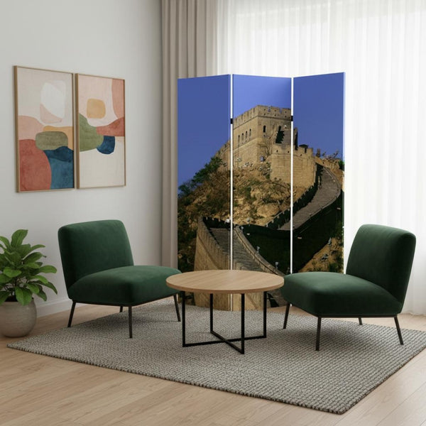 HomeRoots 72" Blue Reversible Canvas Room Divider - Elegant Three-Panel China Cityscape Design for Any Space 277080