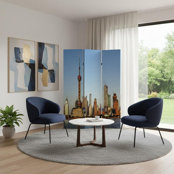 HomeRoots 72" Blue Reversible Canvas Room Divider - Elegant Three-Panel China Cityscape Design for Any Space 277080