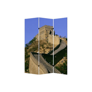 HomeRoots 72" Blue Reversible Canvas Room Divider - Elegant Three-Panel China Cityscape Design for Any Space 277080