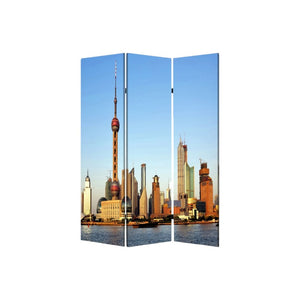 HomeRoots 72" Blue Reversible Canvas Room Divider - Elegant Three-Panel China Cityscape Design for Any Space 277080